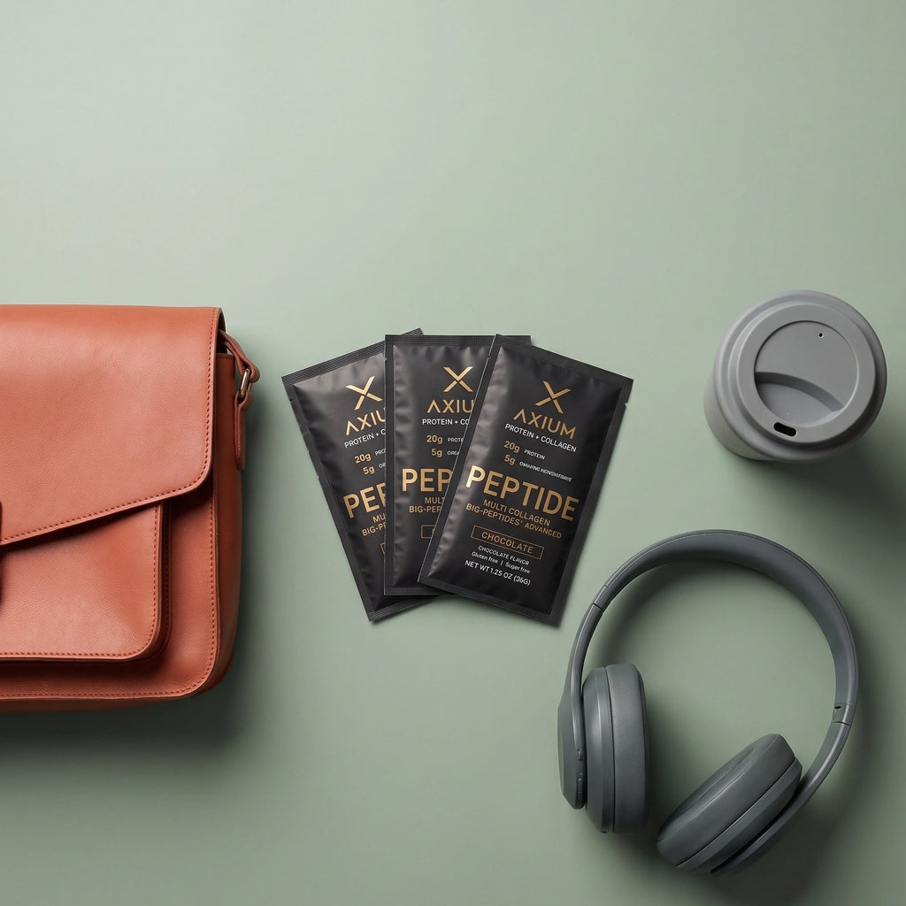 Three Axium Athletics sachets laid out with a bag, coffee and headphones — one for every day