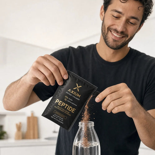 Tearing an Axium Athletics sachet into a bottle of water — ten seconds, no scoop