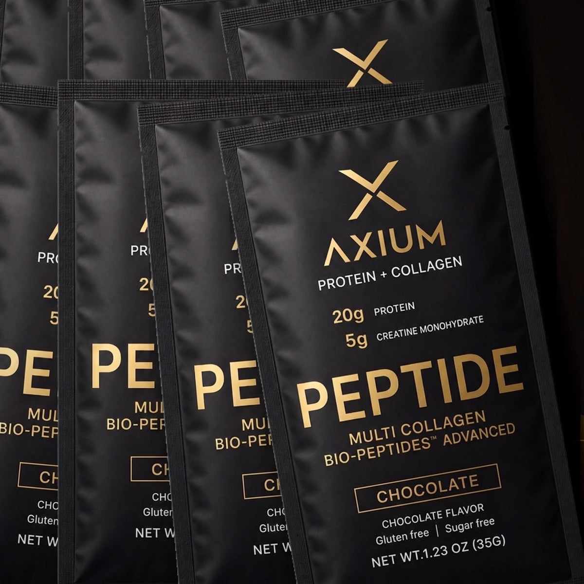 Axium Athletics sachets — 20 g protein, 5 g creatine monohydrate, multi collagen bio-peptides, chocolate, 35 g