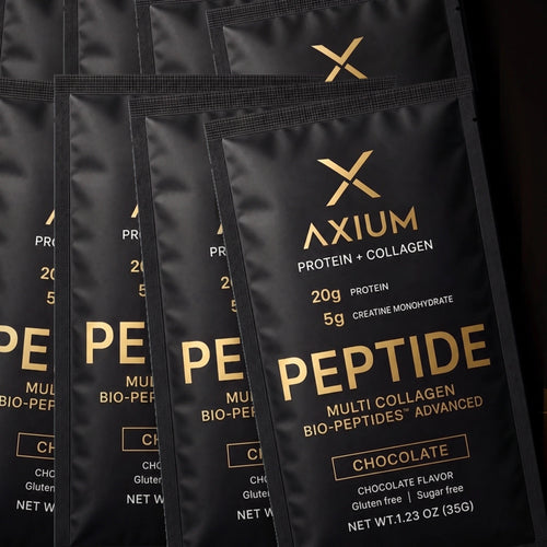 Axium Athletics sachets — 20 g protein, 5 g creatine monohydrate, multi collagen bio-peptides, chocolate, 35 g